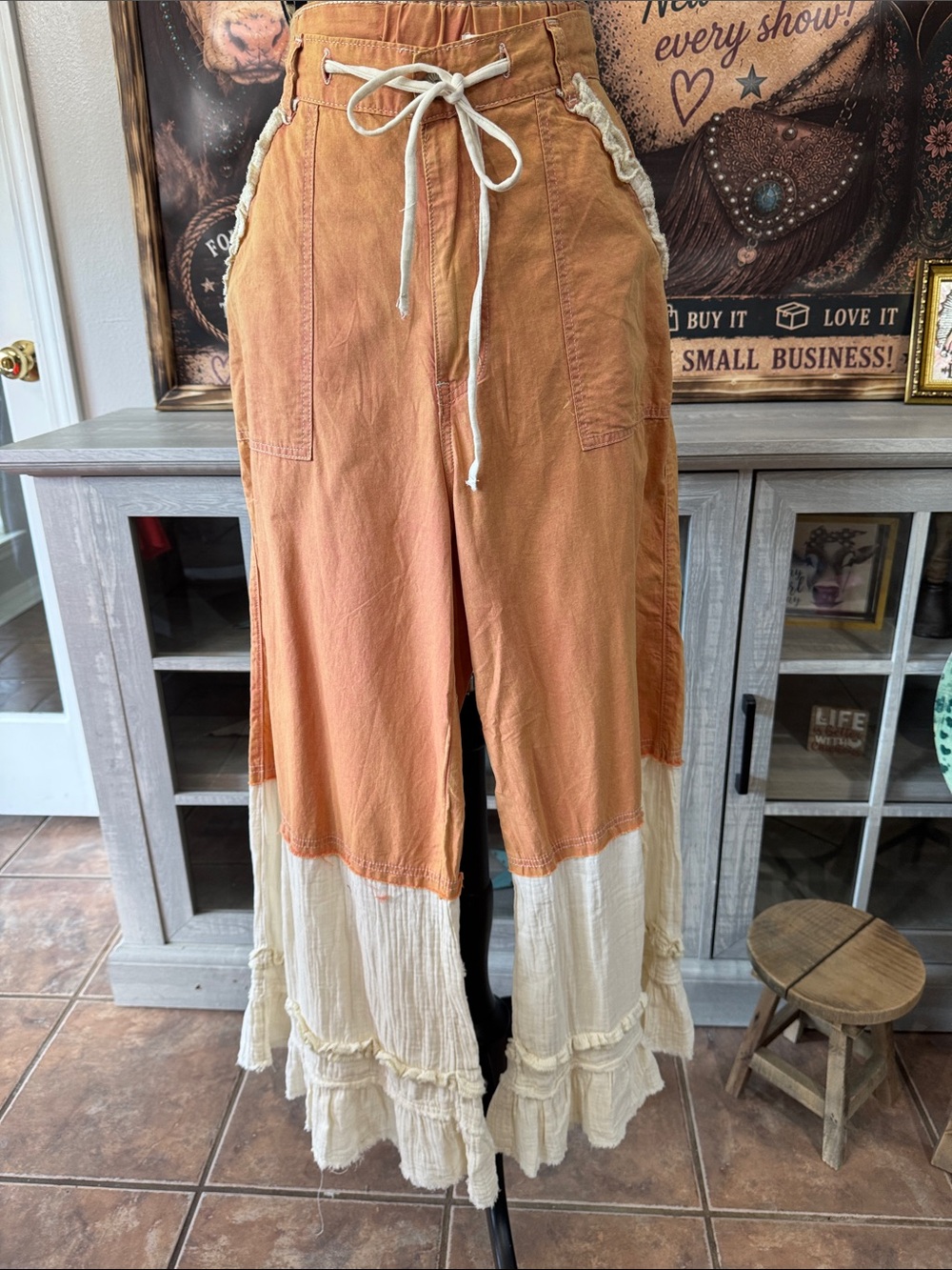 POL Boho Apricot & Cream Wide Leg Ruffle Pant  Sz Large